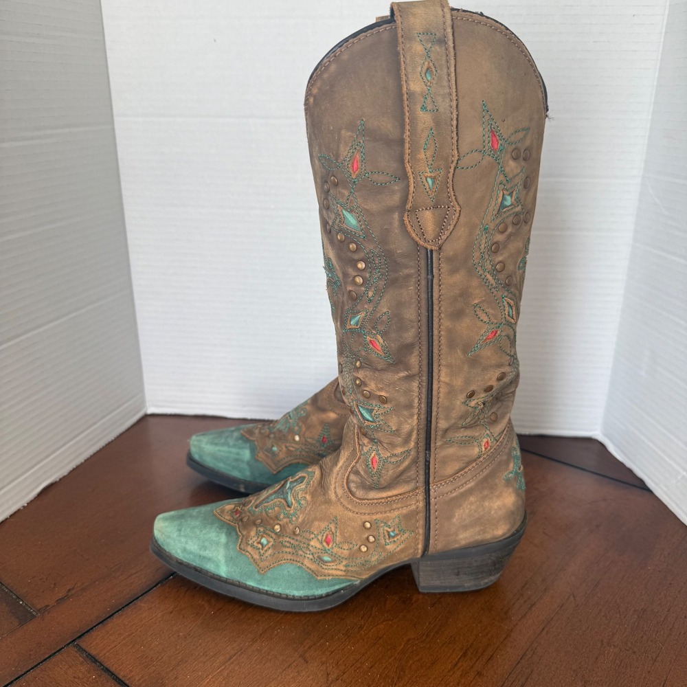 Laredo Women's Cowboy Boots Size 6 Brown Turquoise Cross Inlay Studded Western
